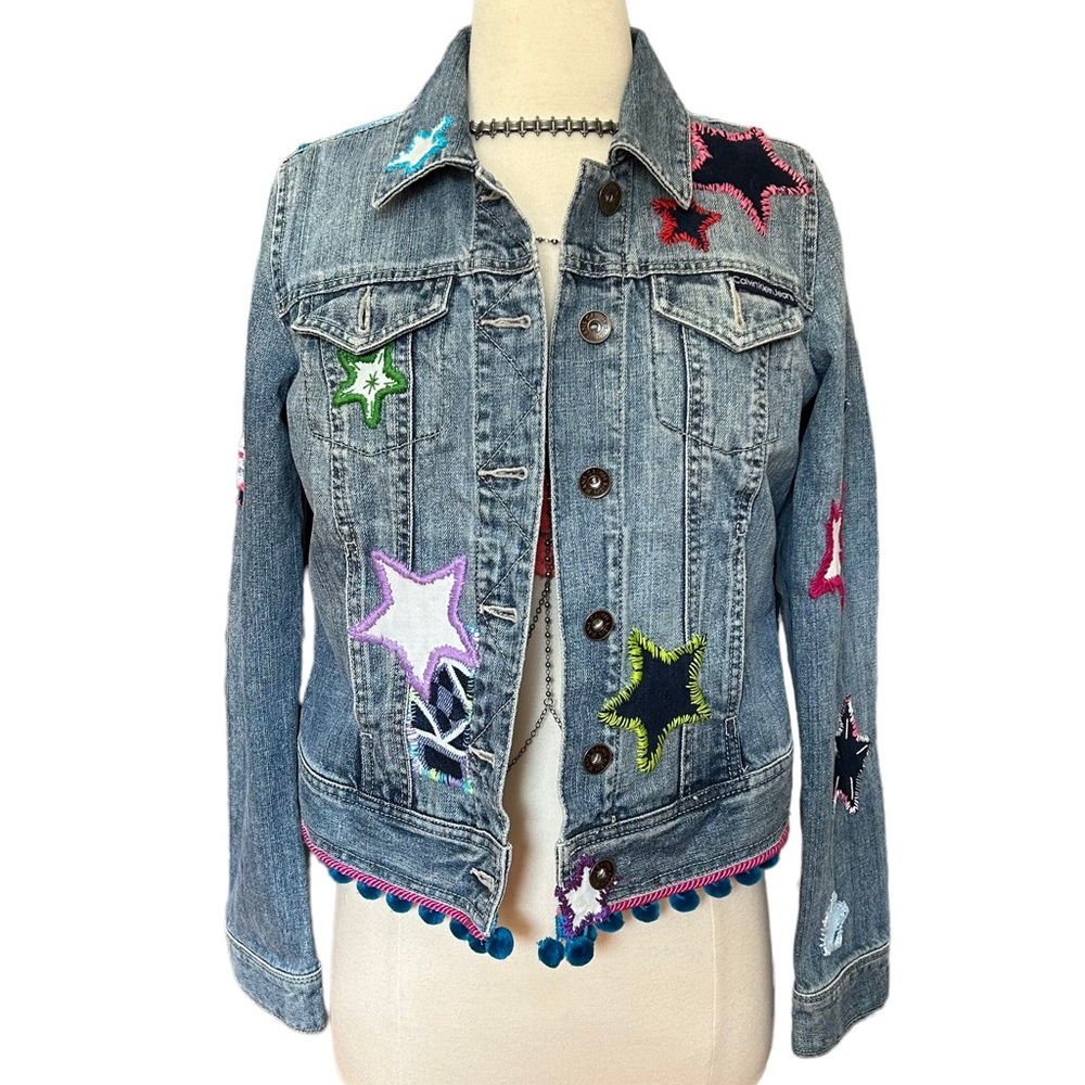 Vintage Calvin Klein Jeans Denim Jacket Reworked Custom Blue Stars Embroidered